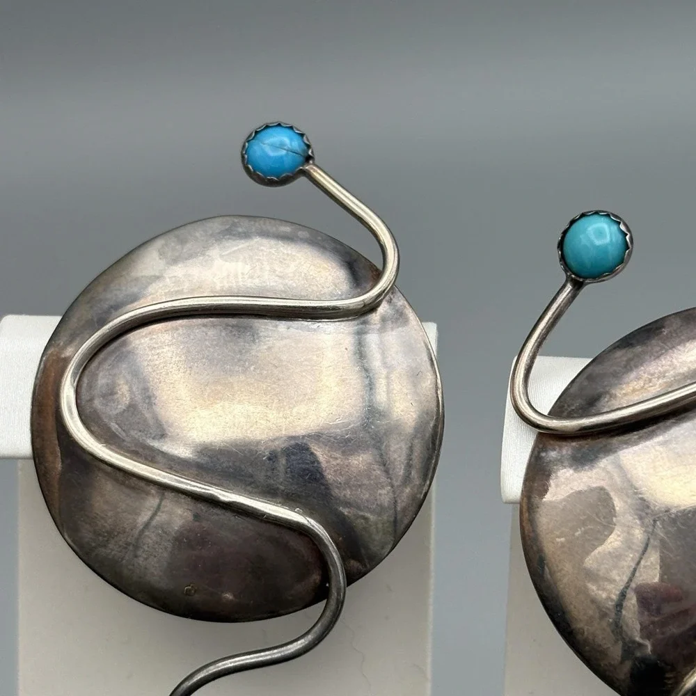 Vintage M.E. Friedman Clip On Earrings Sterling Silver Modernist Turquoise